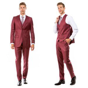 Exquisite Cranberry Sharkskin 3pc Suit w/ Expandable Waistband